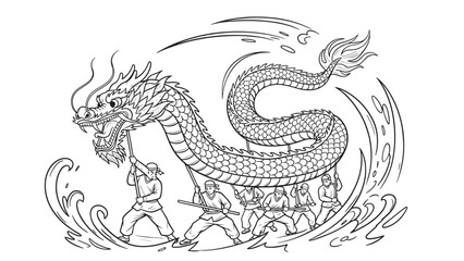 Obraz premium Stylized Ink Dragon and Warrior: A Traditional Cultural Illustration of Myth and Legend.