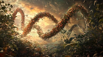 Surreal DNA helix formed from plants and fruits against a dramatic sunset sky.