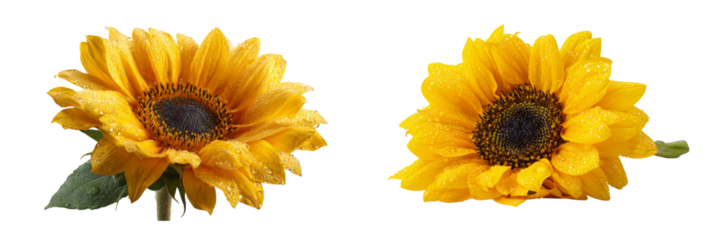 Two bright yellow sunflowers isolated on transparent background with green leaves