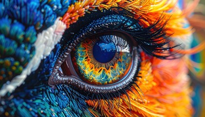 Macro View of a Vibrant, Iridescent Birds Eye with Intricate Feather Details.