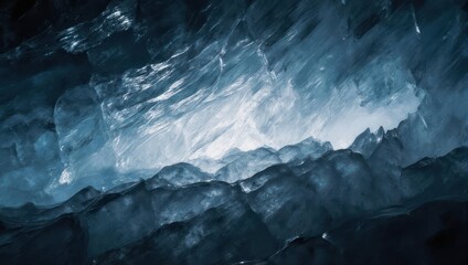 An ethereal blue ice cave with layered, textured surfaces and a bright opening