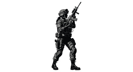 Armed soldier in full gear stands ready a striking black silhouette