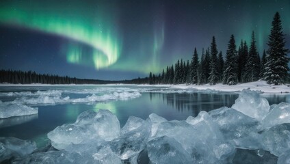 Nightscape Aurora Borealis dances above a snowy landscape of water and forest
