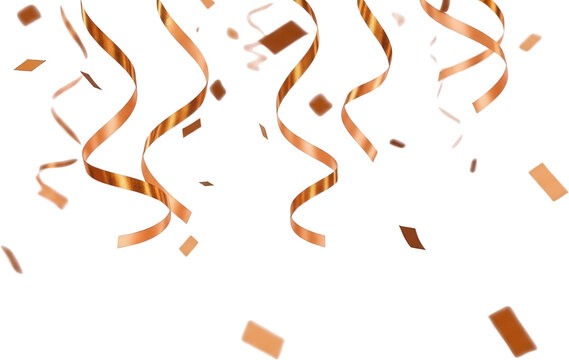 Cascading metallic copper streamers and confetti pieces falling dynamically creating a festive celebratory atmosphere celebration party gold decoration transparent background