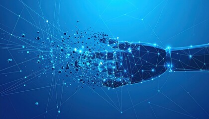 Abstract Digital Fist Exploding into Blue Particles and Lines.