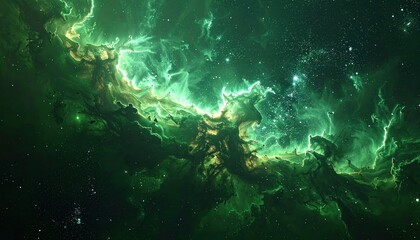 Emerald Nebula - A Cosmic Dance of Green and Gold in Deep Space.