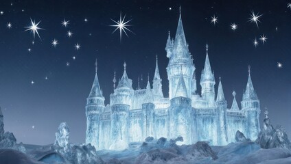 An icy castle sparkles under a star-filled sky, a magical and enchanting winter scene
