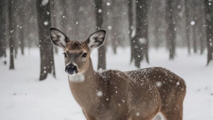 A deer stands in a snowy forest, snowflakes falling, with trees in the blurred background