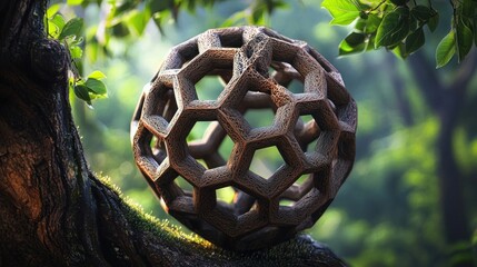 Wooden geometric sphere resting on mossy tree branch.