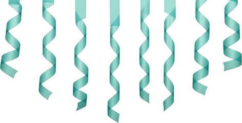 Numerous aqua blue serpentine streamers hang and twist creating a festive and decorative effect for celebrations ribbon party decoration turquoise curling transparent background