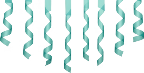 Numerous aqua blue serpentine streamers hang and twist creating a festive and decorative effect for celebrations ribbon party decoration turquoise curling transparent background