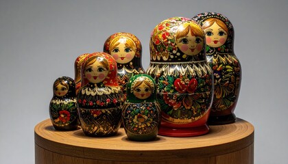 Traditional Russian Matryoshka Dolls Displayed on Wooden Stand.