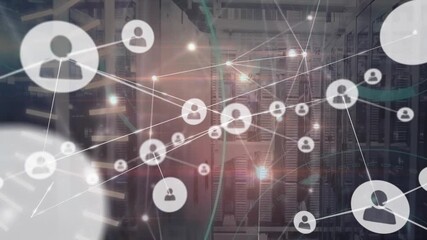 Animation of network of connections with icons and data processing over computer servers - Powered by Adobe