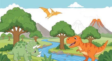 Cute prehistoric landscape with dinosaurs, volcano, mountains, river, and lush trees in a colorful cartoon nature scene © Md