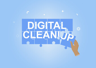 Hand Completing Digital Cleanup Puzzle Graphic symbolizing organized digital solution. Digital cleanup day concept. Responsible digital. Green technology. Flat design. Vector illustration