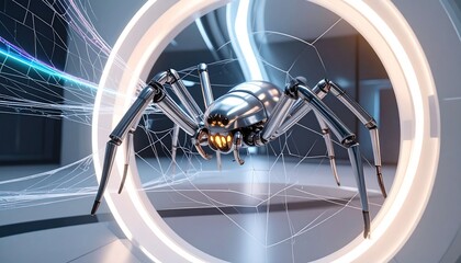 Futuristic Robotic Spider with Glowing Eyes in Sci-Fi Portal.