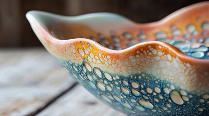Organic ceramic bowl with vibrant orange, blue, and white speckled glaze.