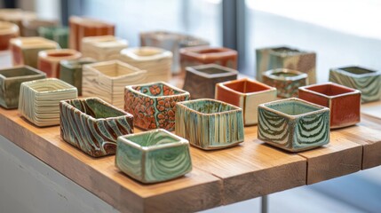 Collection of small, handcrafted ceramic square containers in various colors and patterns displayed on a wooden surface.
