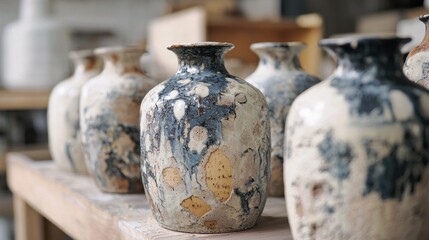 Rustic ceramic vases in workshop.