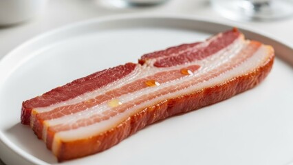 Uncooked streaky bacon strip on a pristine white plate, showcasing rich textures and culinary