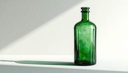 Emerald Glass Bottle: Minimalist Still Life with Sunlight and Shadow