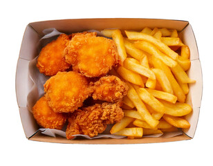 Top view chicken nugget and french fries in delivery carton box isolated on transparent or white background