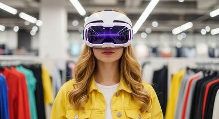 Virtual Reality Shopping Experience: A woman, immersed in a virtual reality headset, explores a retail environment, showcasing the intersection of technology and shopping.