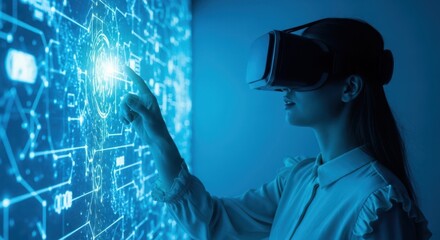 Immersive Experience: A person wearing a VR headset, interacting with a futuristic digital interface, pushing the boundaries of technology and perception.