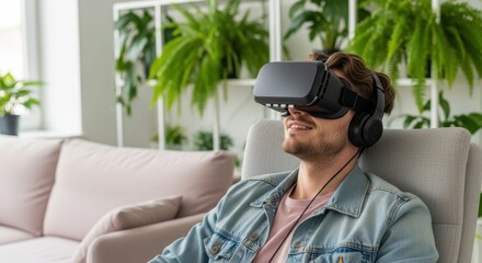 Virtual Reality Experience: A person immersed in a virtual reality experience, wearing a VR headset and headphones while sitting on a comfortable chair.
