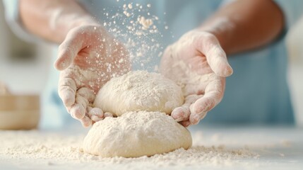 Artisan's Flour Dance: A baker's hands, dusted in a delicate cloud of flour, cradle the raw potential of dough, celebrating the artistry of baking and the promise of a homemade treat.