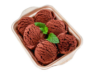 Top view chocolate mint gelato tray isolated on transparent or white background