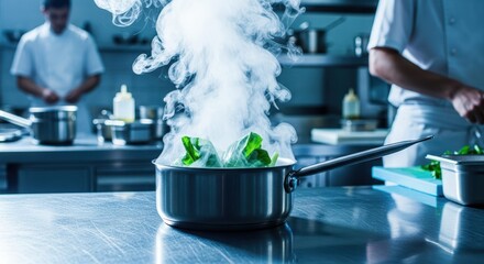 Culinary Artistry: A chef meticulously prepares a dish in a professional kitchen, with a pot of vibrant greens emitting a cloud of steam, hinting at the exquisite culinary experience that awaits.