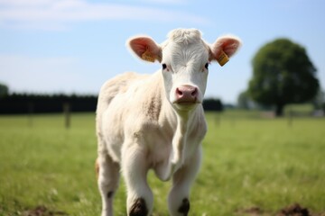 Obraz premium Young white calf looking directly at camera, standing in a sunny green field