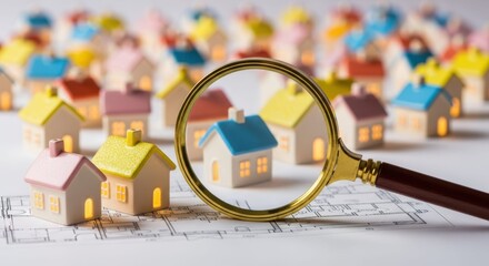 Property Examination: A magnifying glass hovers over a miniature house, emphasizing details amidst a sea of model homes, symbolizing property analysis and exploration.