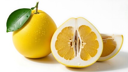 Fresh Yellow Lemon with Green Leaf and Sliced Lemon on White Background