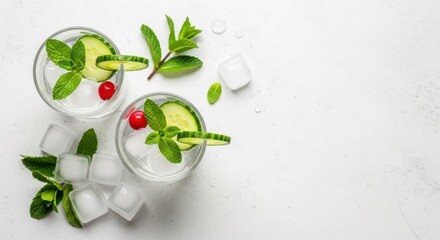 Refreshing Cocktail Delight: Overhead shot of two elegant glasses brimming with a refreshing cocktail garnished with fresh mint, vibrant cucumber slices, and vibrant red berries.