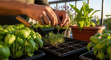 Hands-On Harmony: A person is carefully tending to herbs and plants in a vibrant garden, symbolizing a dedication to nature and the joys of nurturing growth.