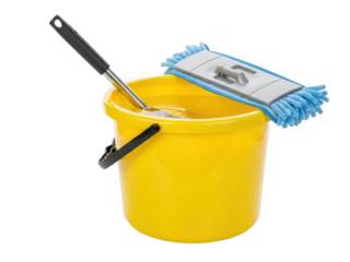 Yellow bucket filled with water and a mop with blue microfiber strands png isolated transparent background