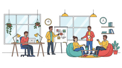 Teamwork in a modern office with presentation, brainstorming and collaborative workspace,