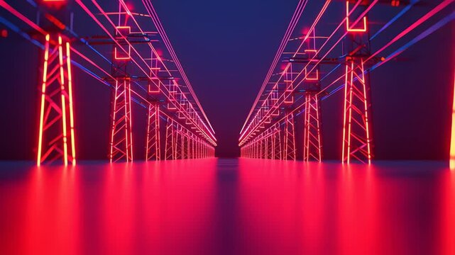 Neon power line towers glowing bright with peak energy and reliability in vibrant red glow