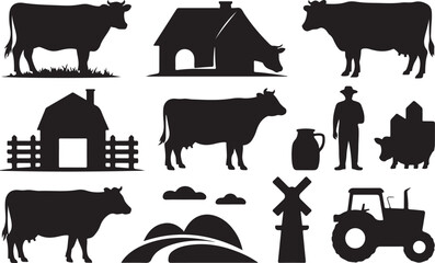 Farm Scene Silhouettes Featuring Cows, Barns, Farmer, Tractor, and Mill Keywords: cow, cattle, farm, farming, agriculture, barn, house, farmer, man, tractor, vehicle, mill, windmill, jug, pitcher