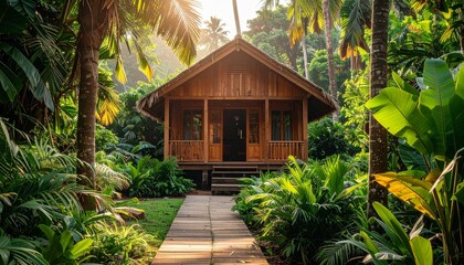 Traditional wooden cottage architecture nestled in a lush summer forest landscape with a green garden and tall trees under a clear blue sky