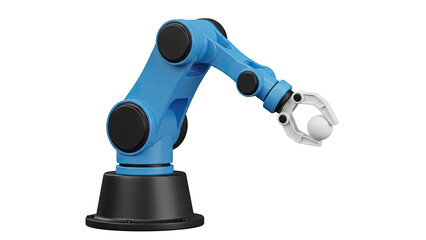 Blue robotic arm with gripper holding a white ball