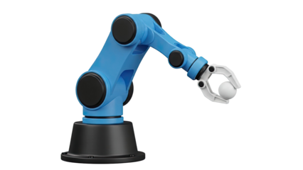 Blue robotic arm with gripper holding a white ball