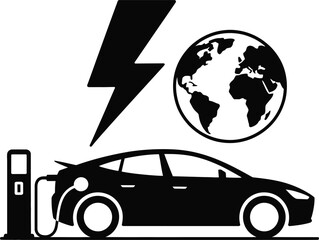 Black Filled Electric Mobility Silhouette with Charging Energy and Earth Icon