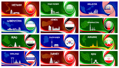 Set of Horizontal Banners for Asian and Middle Eastern Countries featuring Flags, Maps, and Famous Landmarks