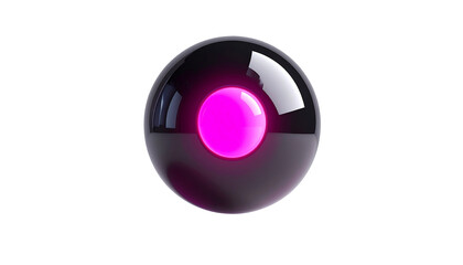 A glossy black sphere with a bright pink, central orb, isolated on black