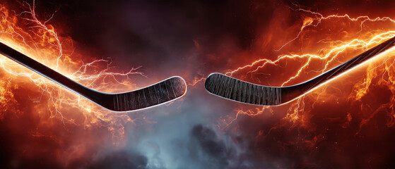 Two dark hockey sticks are in a fierce competition for a puck. They are set against a vivid backdrop of lightning and fire, showcasing intense action