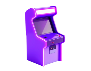 Isolated, vibrant purple arcade machine with neon accents and screen