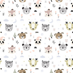 Seamless pattern with faces different animals. Doodle texture with cute domestic and wild animals in scandinavian style. Wallpaper, ornament isolated on white background.